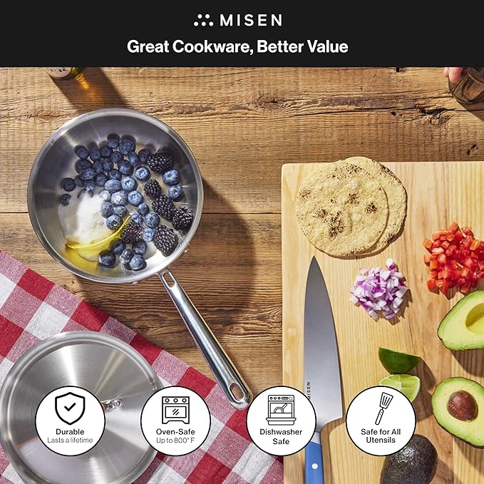 Misen 5-Ply Stainless Steel Saucier with Lid– Induction-Compatible Pan with Curved Sides for Smooth Stirring - Oven Safe to 800F – Even Heat Distribution & Ergonomic Handle - 3 QT