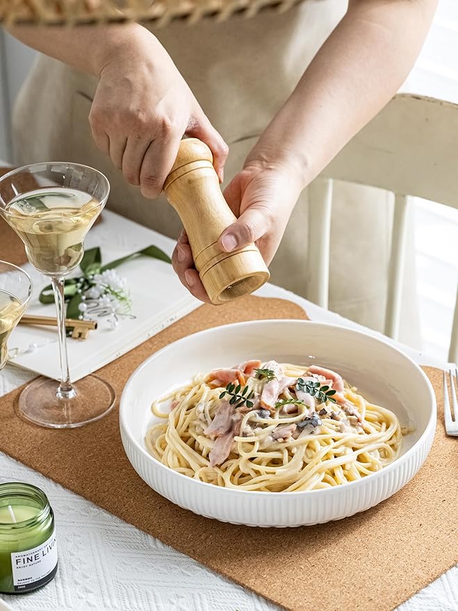 YHOSSEUN 9.75" Pasta Bowls Set of 4, 50 OZ Large Salad Serving Bowls Pasta Plates, White Soup Bowl for Kitchen Meal Prep, Ceramic Shallow Dishes Dinner Bowl, Clover Stripe