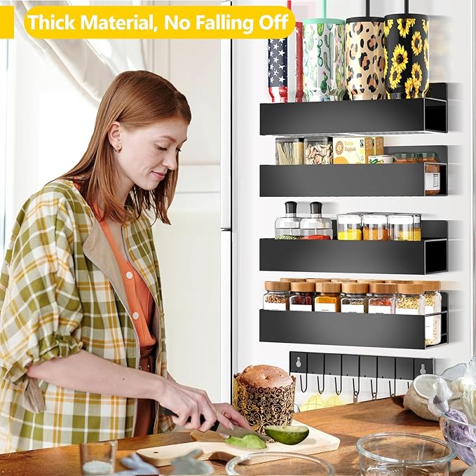 Magnetic Spice Rack Organizer for Fridge Seasoning Organizer for Kitchen storage with Screw or Adhesive Hanging,Magnetic Shelf with Hook for Refrigerator and Oven (Black, 5pack)