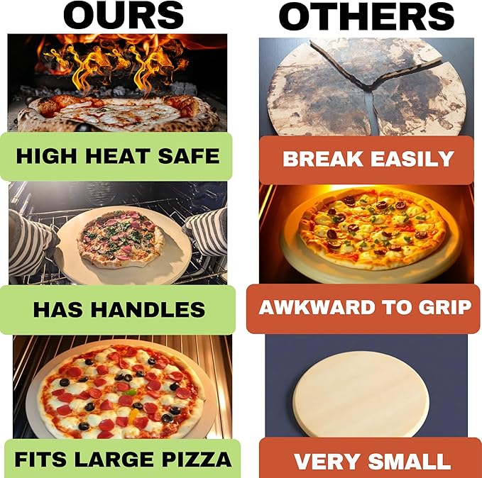 16 inch Round Pizza Stone for Oven - Large Pizza Stone for Grill with Handles and Dough Tool - Round Baking Stone for Bread - Pizza Making Accessories - Cooking Gifts for Food Lovers