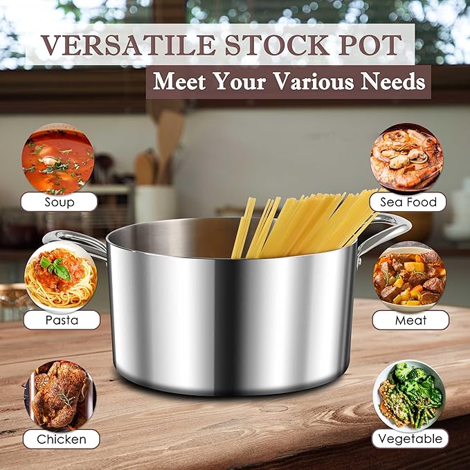 Herogo 7.3 Quart Stock Pot, 18/10 Stainless Steel Cooking Pot with Lid, 7.3 QT Pasta Stockpot with Handles, Tri-Ply Stockpot for Induction Gas Electric Stove, Dishwasher Safe