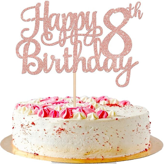 1 PCS Happy 8th Birthday Cake Topper Glitter Cheers to 8 Years Cake Pick Number 8 Fabulous Cake Decoration for 8th Birthday Party Decorations Supplies Rose Gold