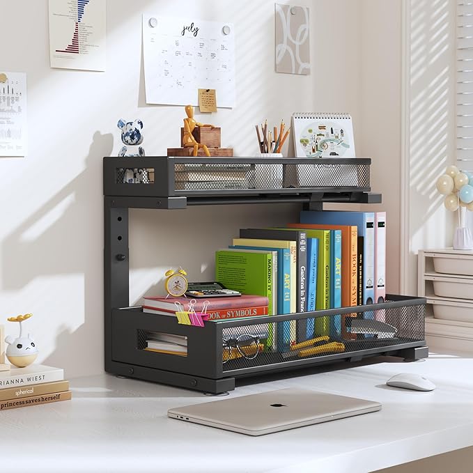 2 Pack 17IN Depth Under Sink Storage Organizer, Large 2-Tier Elegant Mesh Pull Out Shelf for Kitchen and Bathroom Cabinet Organization, L-Shaped and Adjustable Height Design-Black