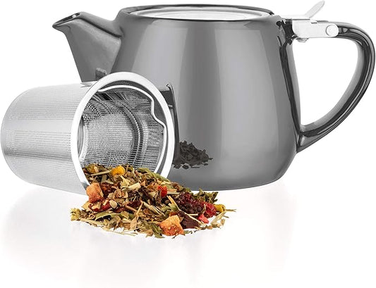 Tealyra - Pluto Porcelain Small Teapot Grey - 18.2-ounce (1-2 cups) - Unique Finish - Stainless Steel Lid and Extra-Fine Infuser To Brew Loose Leaf Tea - 540ml