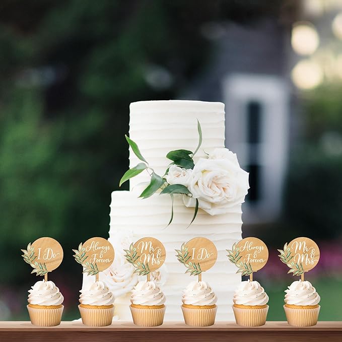 36 PCS Greeny Wedding Cupcake Toppers in Wood Mr & Mrs Engagement Cupcake Decorations