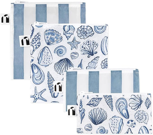 Roamio Reusable Sandwich and Snack Bags, for Kids School Lunch and for Adults Portion, Washable Fabric, Waterproof Cloth Zip Bag, Travel Pouch, Food-Safe, 4-pack Set Nautical Stripe and Blue Shells