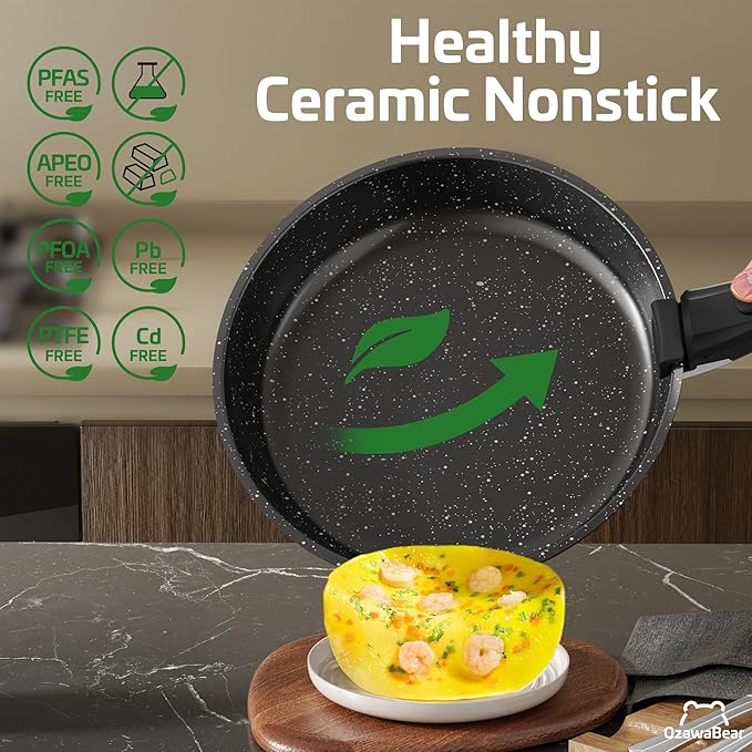 26 Pcs Pots and Pans Set Non Stick, Ceramic Cookware Set Non Toxic with Detachable Handles, Healthy Induction Cookware Dishwasher Oven Safe RV Kitchen Set, PFAS PFOA & PTFE Free, Black