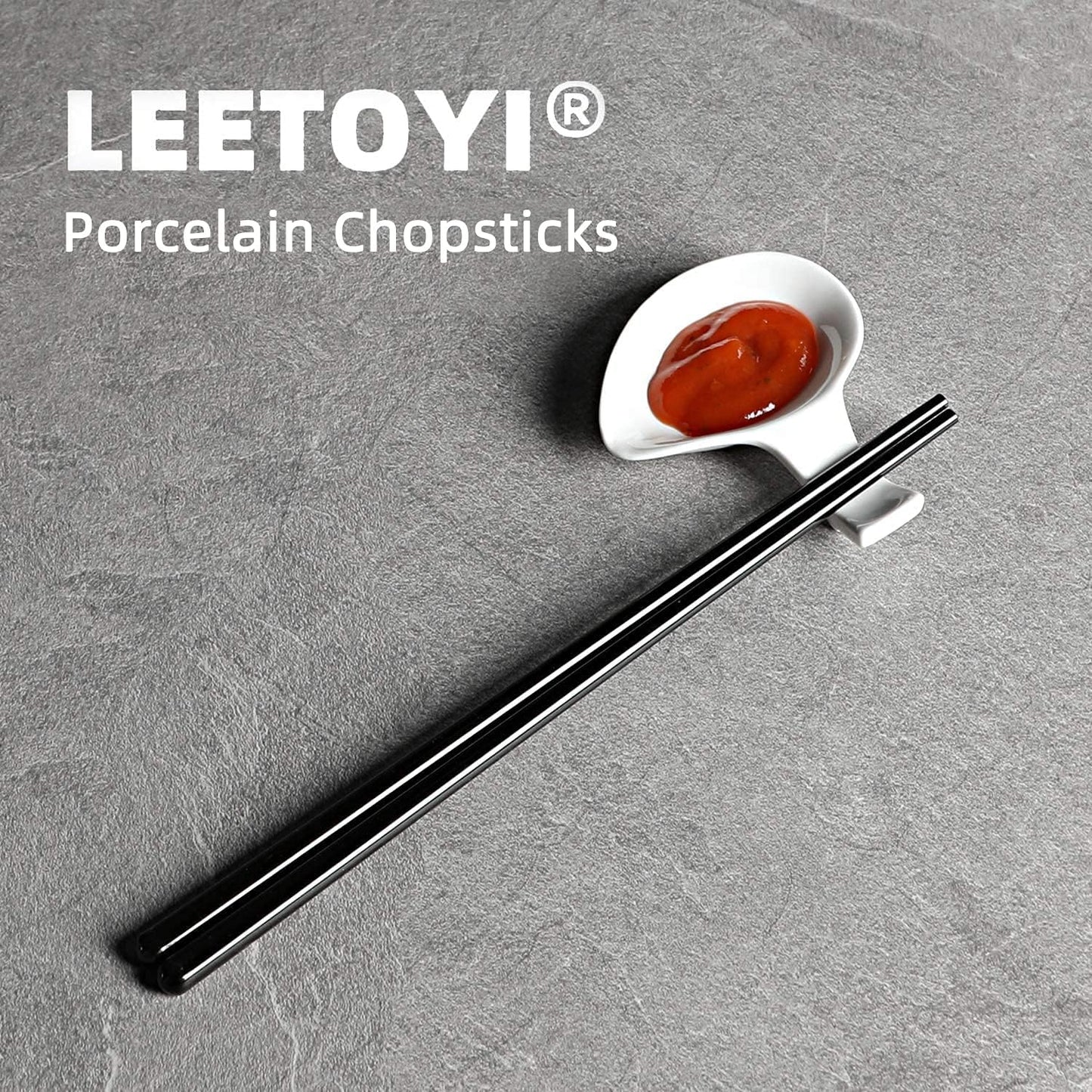 LEETOYI Ceramic Chopsticks Set of 5, Porcelain Chinese Chopsticks Easy To Clean, 9.6-Inch (Black)