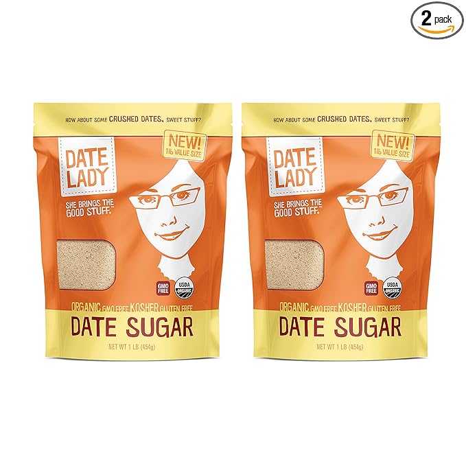 Date Lady Date Sugar, 1 lb, Organic | 100% Whole Food | Vegan, Paleo, Gluten-free & Kosher | Sugar Substitute and Alternative Sweetener for Baking | Will Not Dissolve in Your Coffee (2 Bags)