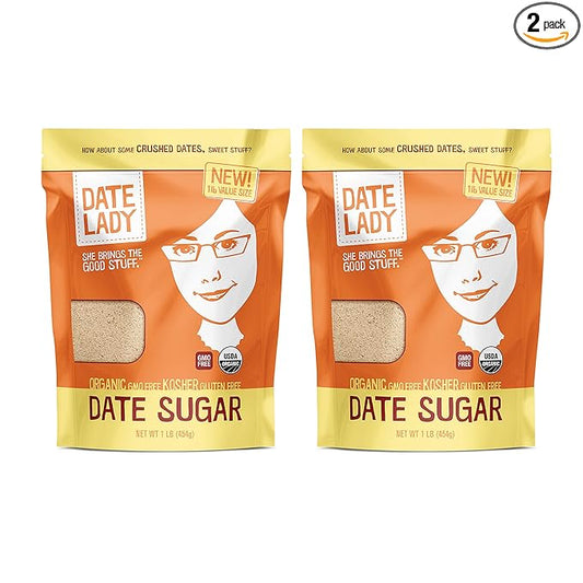 Date Lady Date Sugar, 1 lb, Organic | 100% Whole Food | Vegan, Paleo, Gluten-free & Kosher | Sugar Substitute and Alternative Sweetener for Baking | Will Not Dissolve in Your Coffee (2 Bags)