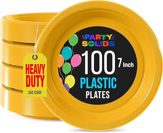 Exquisite Party Solids Yellow Plastic Plates For Party 7" Yellow Disposable Plates Heavy Duty Supplies 100 Pcs Plastic Dinnerware Sets Heavy Duty 350 GSM Disposable Dinnerware Set