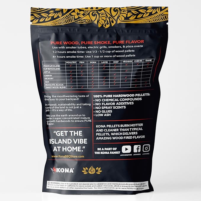 Kona Premium BBQ Wood Pellets Offer high BTU, Clean-Burning, Low-ash, and Low-Moisture for Great Flavor. No Soaking Needed. Includes 8 Varieties. Use 1/3-1/2 Cup per Session for Hours of Smoking.