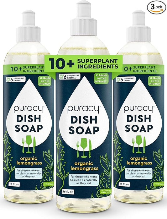 Puracy Natural Dish Soap Packs - Skin-Softening Plant-Based Dishwashing Soap, Non-Toxic Dish Soap, Organic Liquid Dishwashing Detergent Soap (Organic Lemongrass, 16 fl oz, 3 Pack)