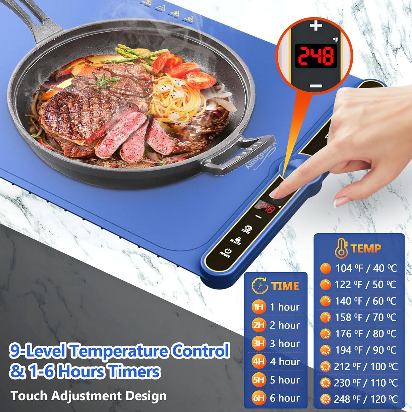 Electric Food Warming Tray - 8s Fast Heating, 9 Temp Levels & 6H Timer, Auto Shut-Off, Child Lock, Portable Silicone Warmer Mat for Buffet, Parties, Daily Use (22.8in x 14.9in, 330W)