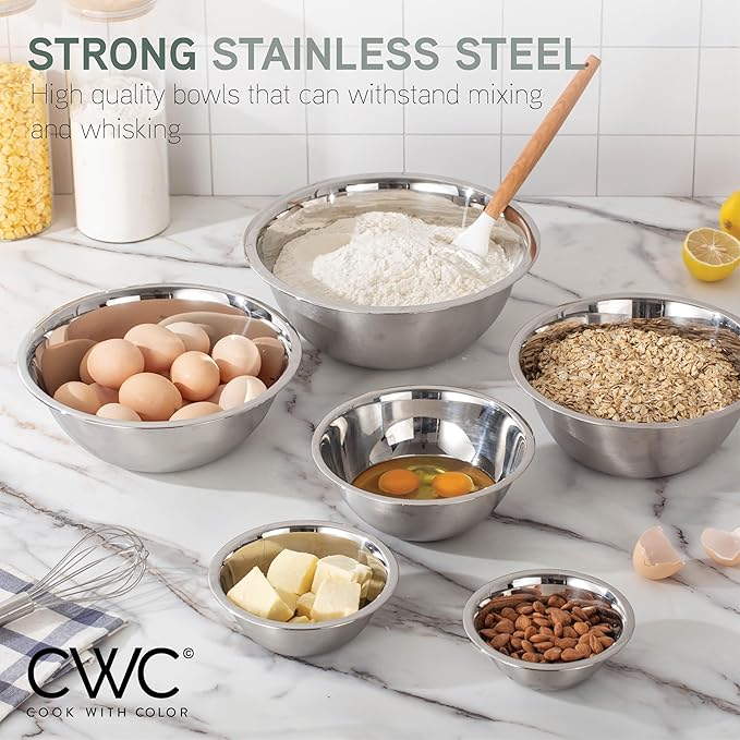 COOK WITH COLOR Stainless Steel Mixing Bowls Set - Nesting Bowls, 6 Pieces, Silver with Non Slip Bottom