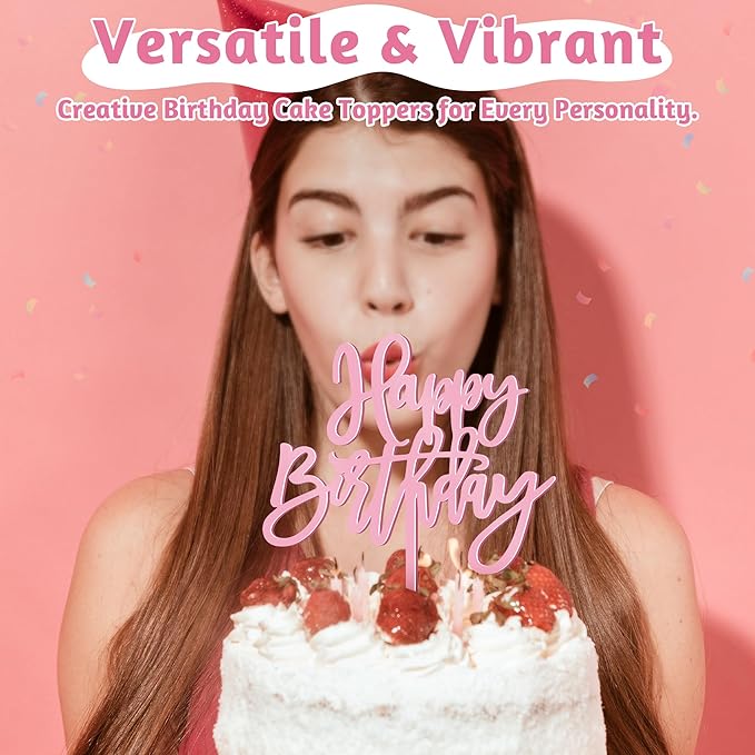 1 PCS Birthday Cake Topper, 5.1 x 7 Inches Happy Birthday Cake Toppers, Pink Happy Birthday Cake Sign for Party, Baby Shower, Anniversary and Cake Sign Decorations