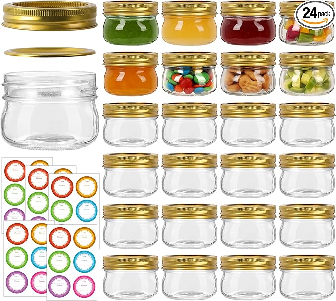 4 oz Mason Jars With Gold Lids and Bands, 24 Pack Regular Mouth Canning Jars for Jam, Honey, Yogurt, Candy, Spices, Snacks, DIY Projects, Wedding Favors- Includes 30 Stickers