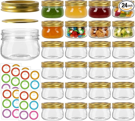 4 oz Mason Jars With Gold Lids and Bands, 24 Pack Regular Mouth Canning Jars for Jam, Honey, Yogurt, Candy, Spices, Snacks, DIY Projects, Wedding Favors- Includes 30 Stickers