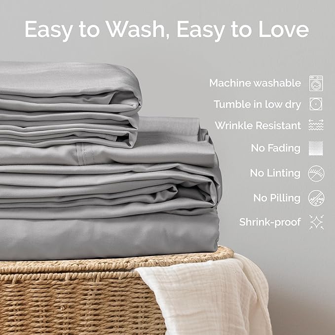 100% Viscose from Bamboo Sheets King Size, Super Soft Bedding Set, 4PC Cooling Sheets for Hot Sleepers, Vegan Silk Moisture Wicking, Organically Grown Bedsheet, Gray Mist - 76" x 80"