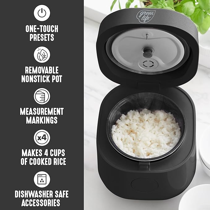 GreenLife Digital Rice Cooker, 2-Cups Uncooked/4-Cups Cooked, Removable Nonstick Ceramic PFAS-Free Pot, One-Touch Presets, Oats, Quinoa, Brown Rice, Auto Keep Warm, Fuzzy Logic Tech, 1.5 QT, Black