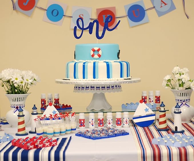 First Birthday Cake Topper - Blue Glitter One Cake Decorating Supplies for Girls and Boys, Perfect for Baby Shower/Gender Revealing Party/Baby Party Photo Booth Props