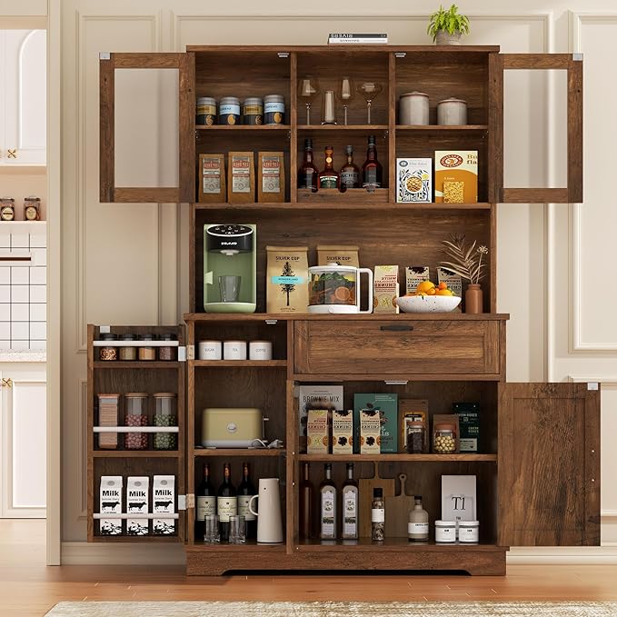 Vongrasig Tall Kitchen Pantry, Food Storage Pantry Cabinet with Hutch and Microwave Stand, Modern Coffee Bar Hutch with Adjustable Shelves for Kitchen, Dining Room, Brown
