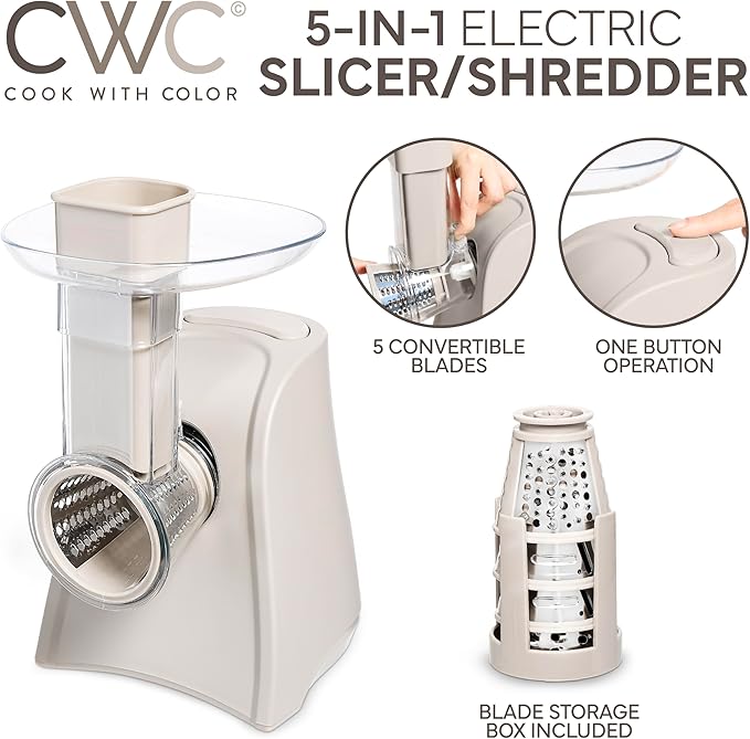 COOK WITH COLOR 5-in-1 Electric Slicer, 150W Food Prep Machine – Cheese Shredder, Fine & Coarse Graters, Potato Grater, Vegetable Slicer, Fruit, Salad Shooter, Compact Design for Bowl Prep, Sand