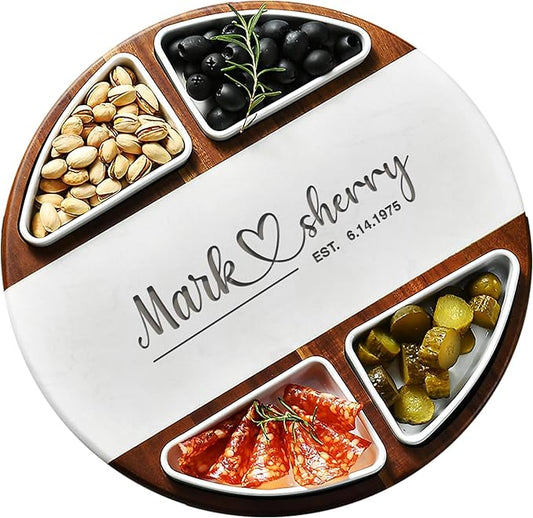 Shanik Upgraded Lazy Susan Cheese Cutting Board Set - Round Acacia Charcuterie Board With 4 Ceramic Bowls - Wedding Gifts - Cheese Serving Platter - Bridal Shower