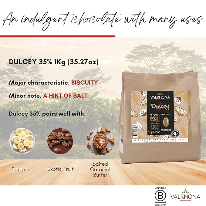 Valrhona Premium French Baking Blonde Chocolate Discs (Feves) DULCEY 35% Cacao, Creamy, Caramel Cookie Flavor Notes, Easy Melt & Tempering Creamy, Balanced, For Luscious Frostings. 1kg (Pack of 1)