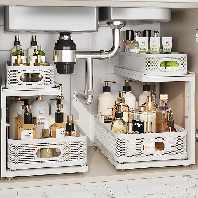 2 Pack Under Sink Organizer With Next-Gen Ball-Bearing Slides,2-Tier Precision Mesh Pull Out Cabinet Drawers Storage for Bathroom&Kitchen,Height Adjustable Shelf,Rust-resistant-Patent Pending