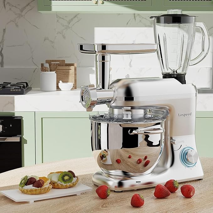 Vospeed 9 IN 1 Stand Mixer, 850W Tilt-Head Multifunctional Electric Mixer with 8 QT Stainless Steel Bowl, 1.5L Glass Jar, Meat Grinder, Hook, Whisk, Beater Dishwasher Safe (Silver)