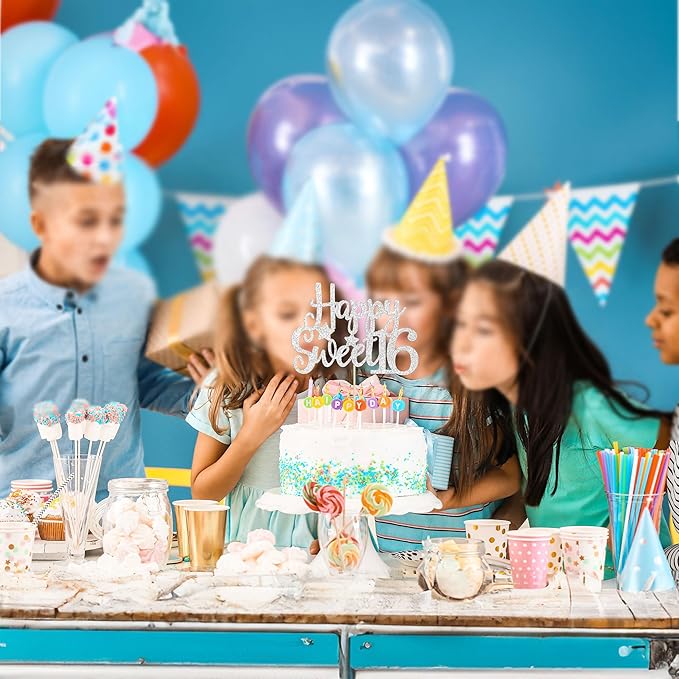 Gyufise 1Pc Happy Sweet 16 Cake Topper Sweet 16 Birthday Decorations Happy 16th Birthday Cake Decorations for Girls/Boys Silver Glitter