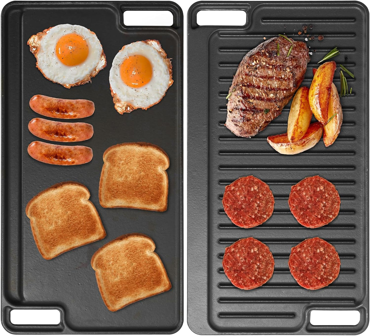 16.75" X 9.5" Reversible Cast Iron Griddle for Gas Grill, Flat Griddle Pan for Gas Stove, Pre-Seasoned Oven Top Grill pan,Upgrade Double Burner Griddle for Indoor & Outdoor Cooking Accessories