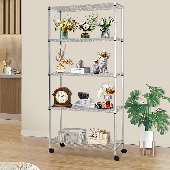 FDW Adjustable Storage Rack Wire Shelf with Wheels - 5 Tier Metal Shelves for Small Spaces - Easy Assembly, Chrome