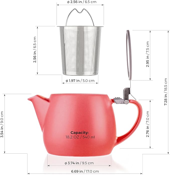 Tealyra - Pluto Porcelain Small Teapot Red - 18.2-ounce (1-2 cups) - Matte Finish - Stainless Steel Lid and Extra-Fine Infuser To Brew Loose Leaf Tea - 540ml