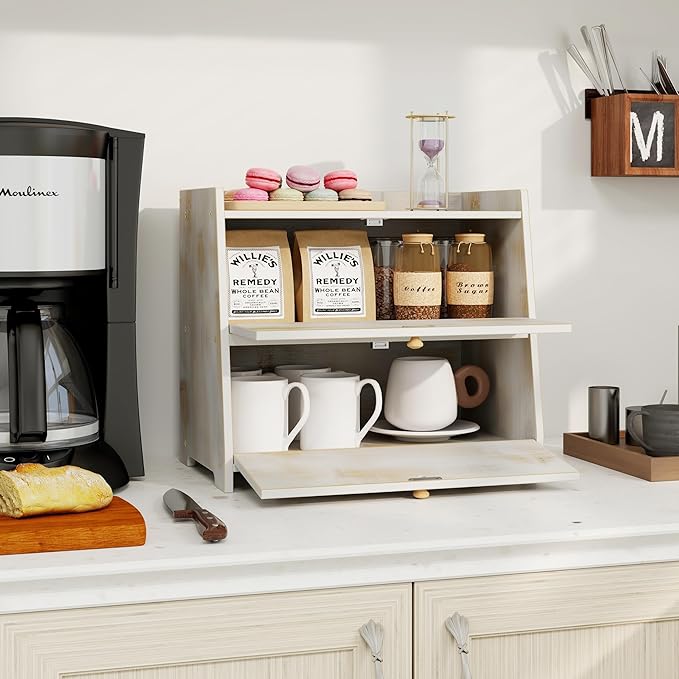 Vintage Double Layer Bread Box for Kitchen Counter Bamboo Bread Storage Container Large Capacity Bread Storage Bin (Antique White)