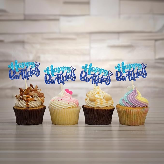Ephlyn 24Pcs Happy Birthday Cupcake Toppers Double Layer Glitter Happy Birthday Cake Decorations for Baby Shower Theme Kids Boys Girls Birthday Anniversary Party Decorations Supplies Blue