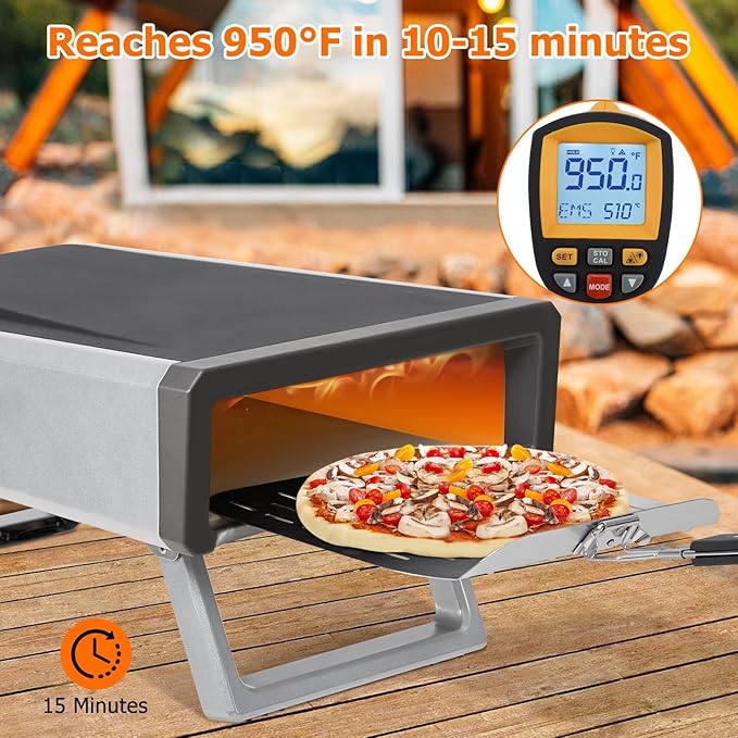 12" Portable Propane Pizza Oven - Heats to 950°F in 15 Mins, Cooks in 60 Secs - With Pizza Stone for Backyard, Camping & Outdoor Kitchen