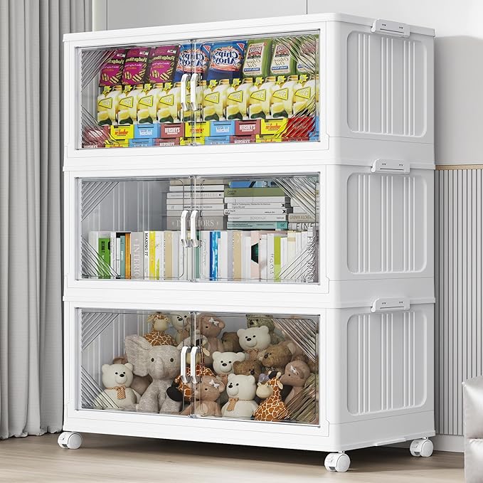 105Gal Plastic Stackable Storage Bins with Lid, 420QT Extra Large Closet Organizers Collapsible Cabinets Boxes With Drawers, Foldable Containers with 4x Wheels for Home Kitchen, V60 3Pack White