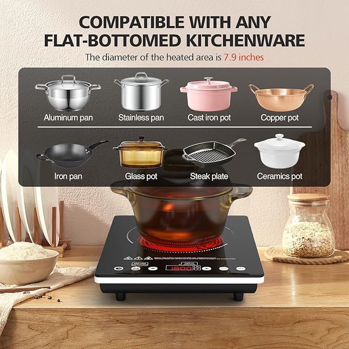 Single Burner Electric Cooktop, 1800W Electric Stove Top Portable, Infrared Hot Plate 110v Plug in Countertop, Child Safety Lock, Timer, 9 Power Level, Compatible for All Cookware, Induction Cookotp