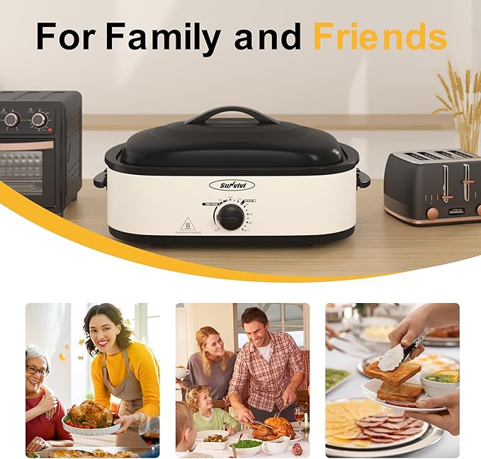 Sunvivi Electric Roaster Oven with Self-Basting Lid, 14-Quart Turkey Roaster Oven with Removable Pan and Rack, Stainless Steel, White