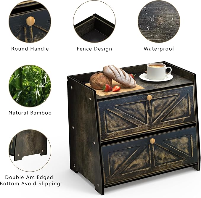 Vintage Double Layer Bread Box for Kitchen Counter Bamboo Bread Storage Container Large Capacity Bread Storage Bin (Antique Black)