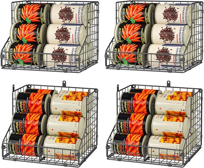 4 Pack Stackable Can Organizer for Pantry with Adjustable Dividers, Soda Can Organizer, Can Storage Dispenser Holds up to 56 Cans, Metal Wire Baskets Can Holder for Kitchen Cabinet Pantry