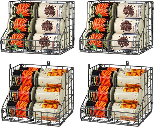 4 Pack Stackable Can Organizer for Pantry with Adjustable Dividers, Soda Can Organizer, Can Storage Dispenser Holds up to 56 Cans, Metal Wire Baskets Can Holder for Kitchen Cabinet Pantry