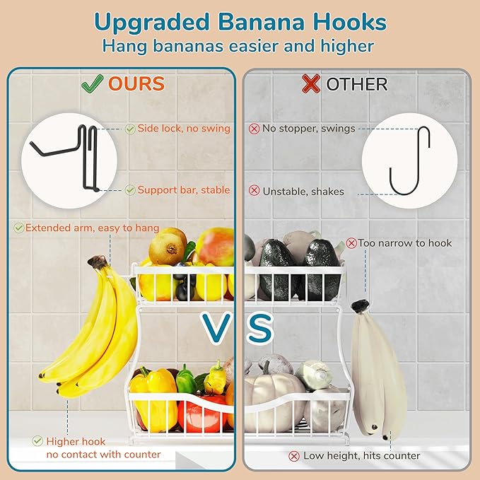 Large 2-Tier Fruit Basket for Kitchen Counter with 2 Banana Hangers – Metal Fruit Bowl for Onion, Vegetable, Snacks, Breads Storage – Countertop Organizer – White