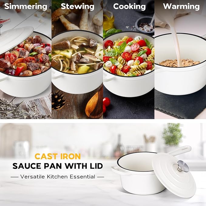 2 Quart Saucepan Dutch Oven, Onader Enameled Cast Iron Sauce Pan Pot with Lid, Small Cooking Kitchen Pot, Nonstick & Oven Safe – White