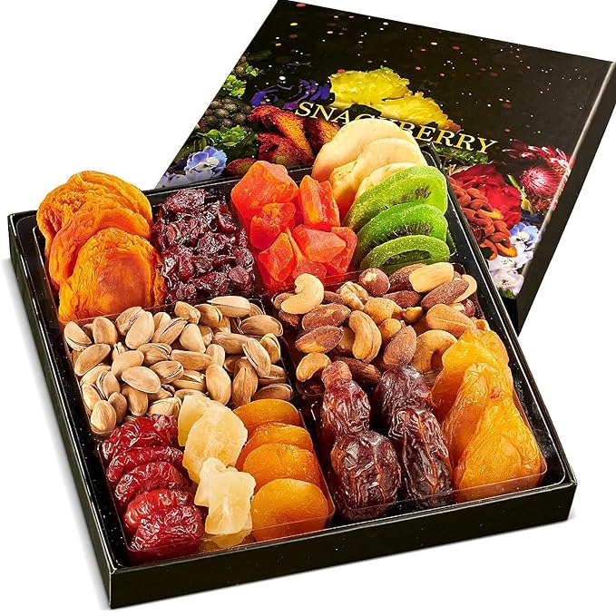 Dried Fruit & Nuts Gift Basket Arrangement Platter, Gourmet Food Snack Box, For Christmas, New Years, Birthday Care Package, Healthy Kosher - Her Him - 12 Snackberry Assortment (6-Pack)