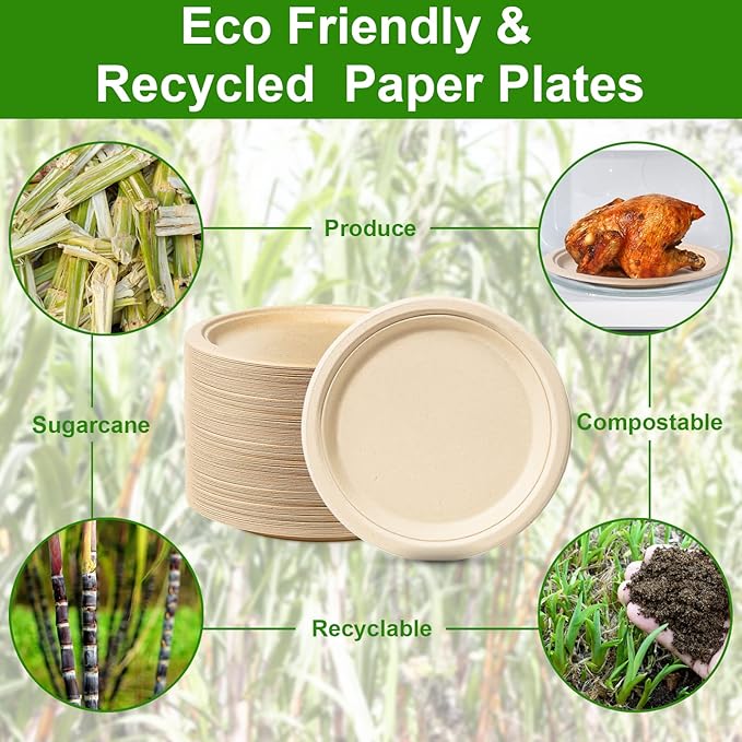 Paper Plates 9 inch, 150 Pack Compostable Paper Plates, Eco Friendly Disposable Plates, Brown Paper Plates Heavy Duty, Sturdy Paper Plates for Everyday, Biodegradable Plates