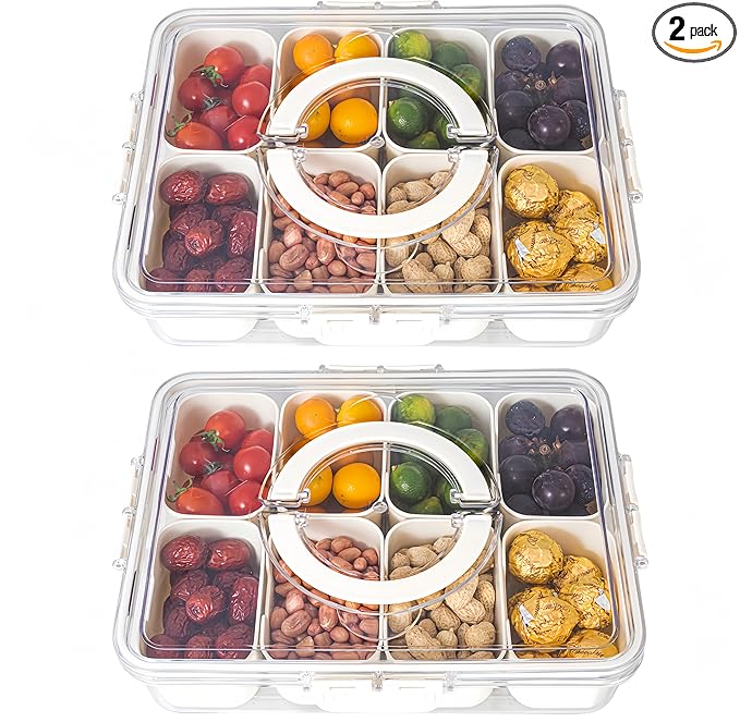 Divided Serving Tray with Lid and Handle - Divided Snack Tray for Portable Snack Platters - Clear Organizer for Candy, Fruits, Nuts, Snacks - Perfect for Party, Entertaining，2 pcs