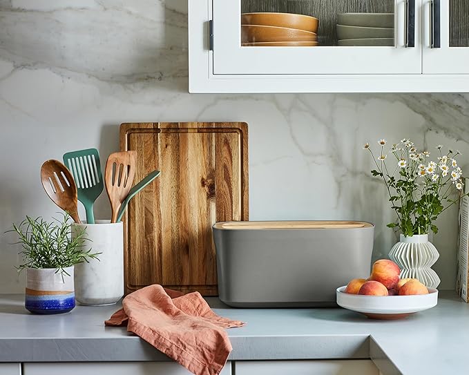 Sonder Los Angeles, Modern Bamboo Fiber and Recycled Plastic Bread Box (Charcoal) for Kitchen Countertop with Reversible Cutting Board Lid, Homemade Bread Bin Storage Container 14.25 x 9.25 x 7 in